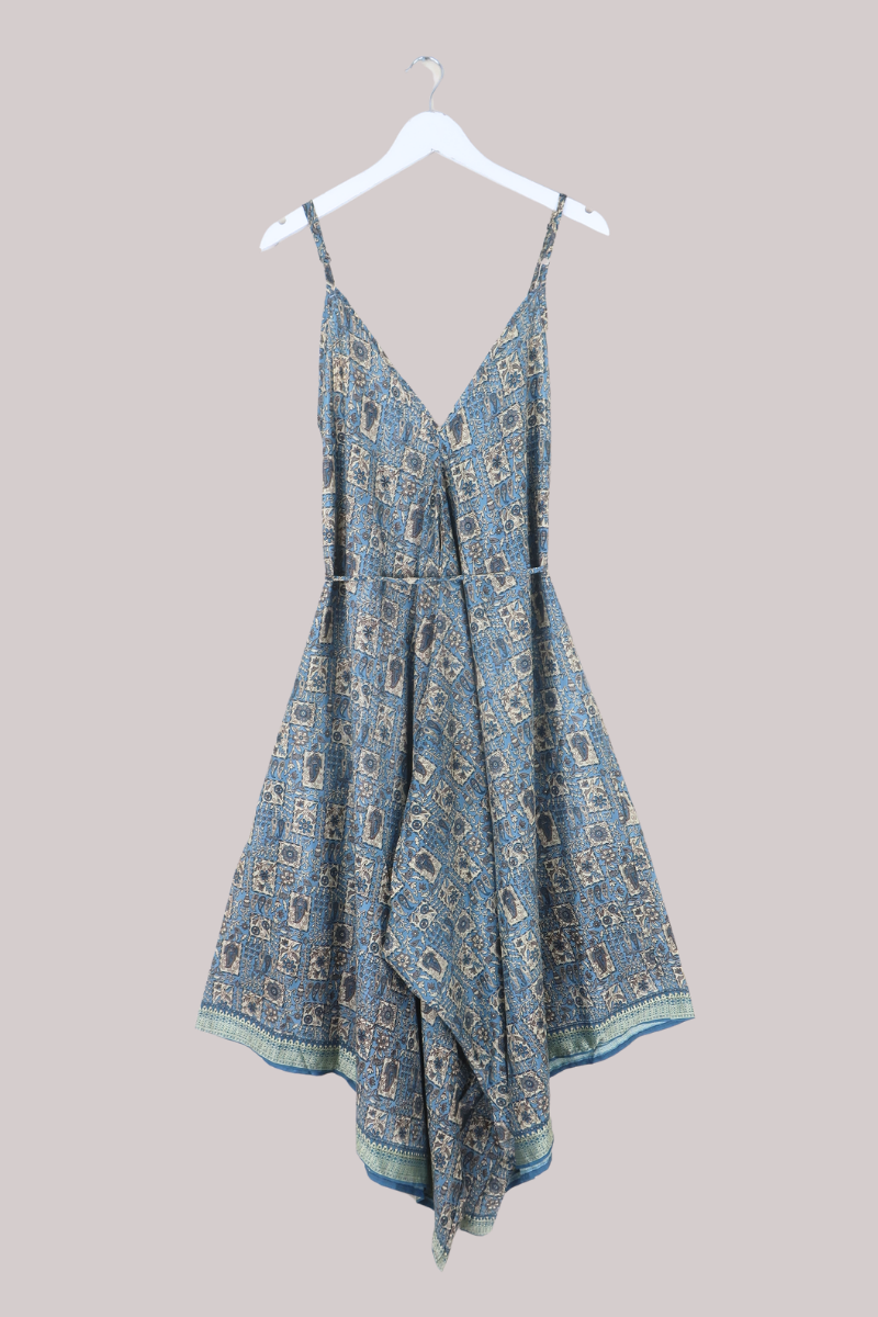 Winona Vintage Sari Jumpsuit in Hazy Blue Ceramics - Size M