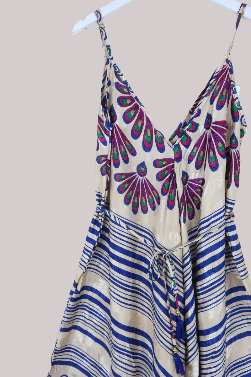 Winona Vintage Sari Jumpsuit in Ivory Fans & Stripes - Size L