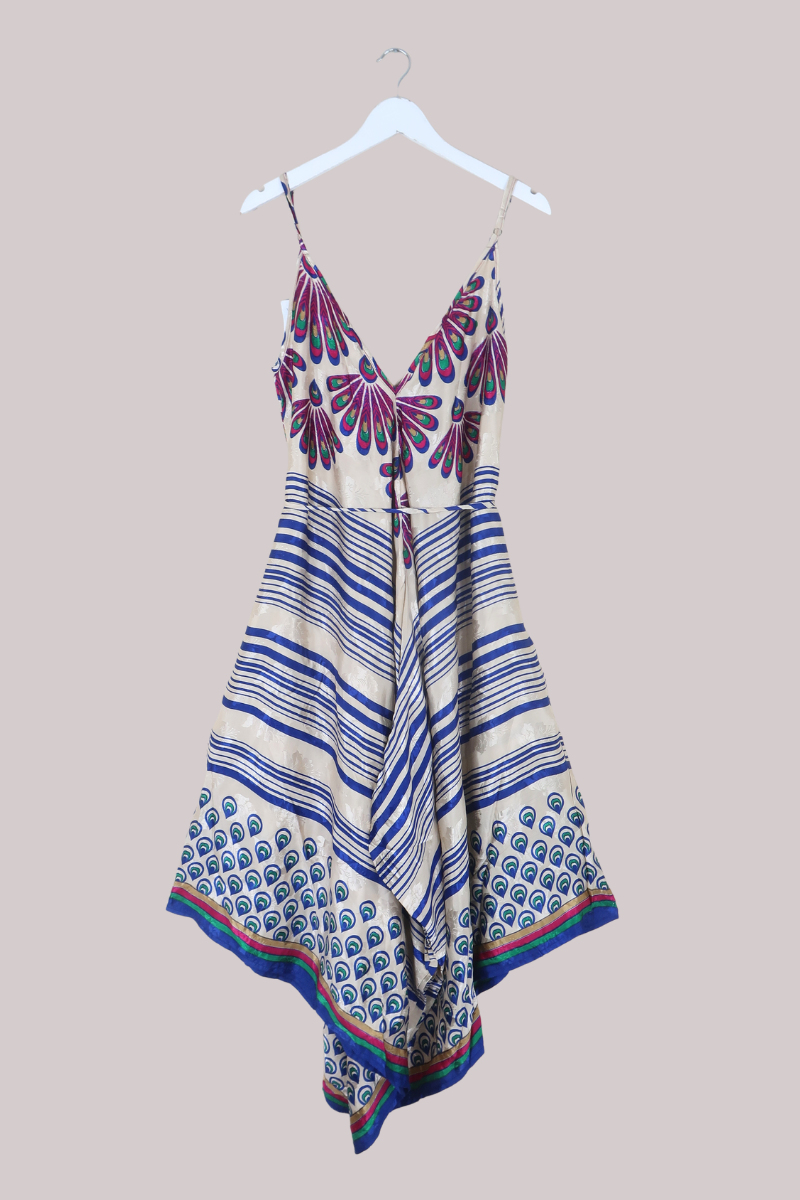 Winona Vintage Sari Jumpsuit in Ivory Fans & Stripes - Size L