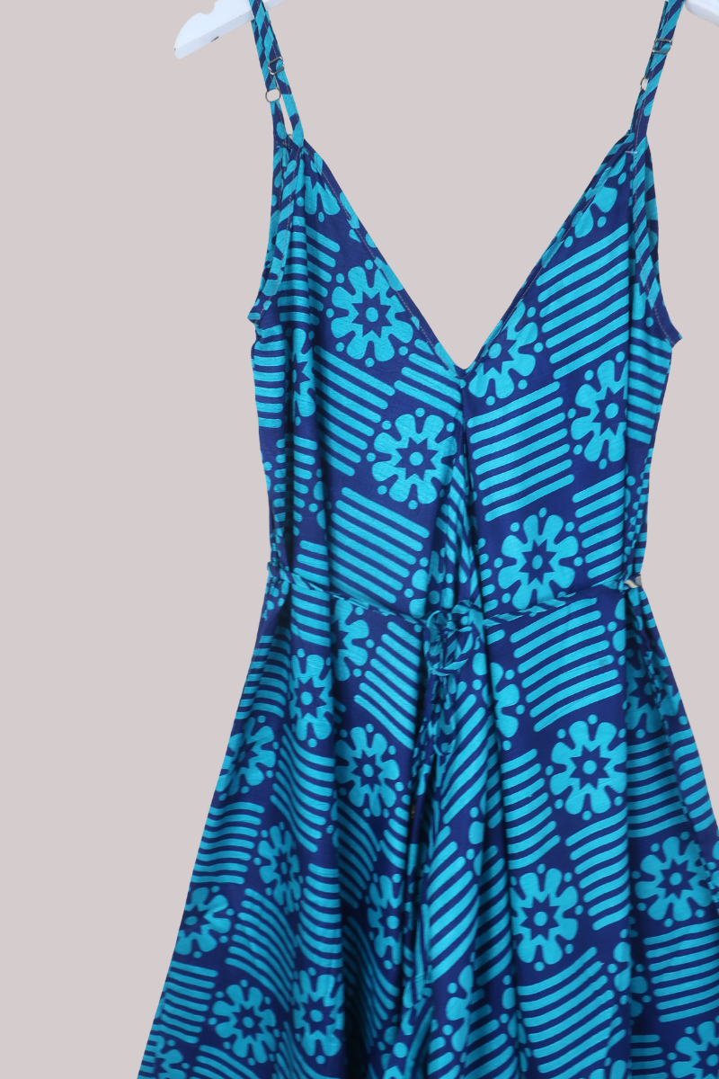 Winona Vintage Sari Jumpsuit in Oceanic Blue Flowers - Size M