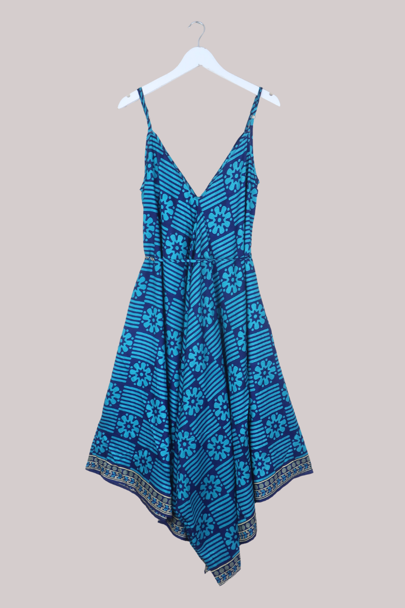 Winona Vintage Sari Jumpsuit in Oceanic Blue Flowers - Size M