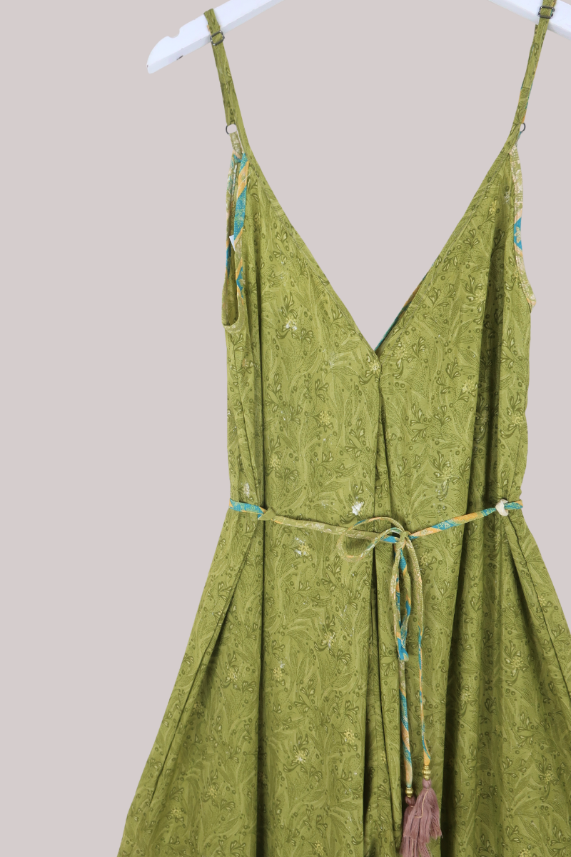 Winona Vintage Sari Jumpsuit in Olive Blossom - Size L