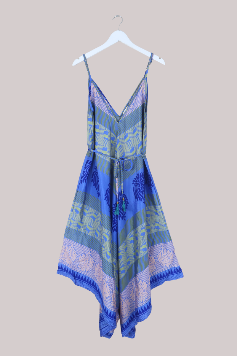 Winona Vintage Sari Jumpsuit in Peacock Blue Lotus - Size M