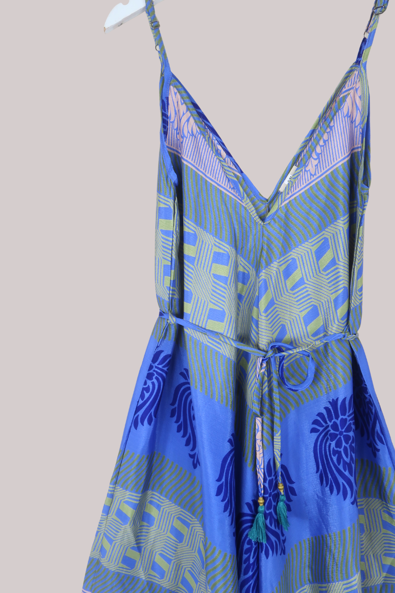 Winona Vintage Sari Jumpsuit in Peacock Blue Lotus - Size M