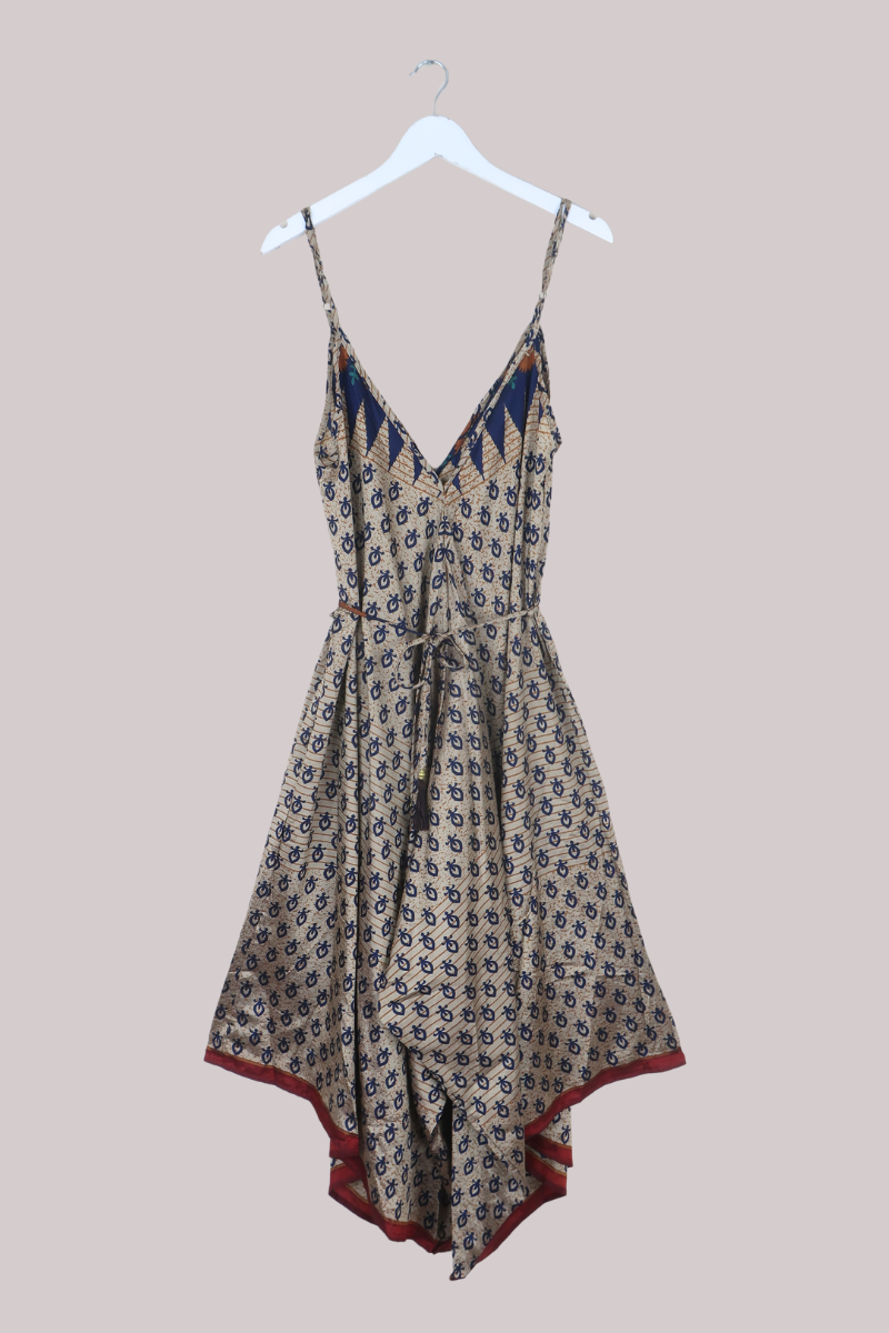 Winona Vintage Sari Jumpsuit in Taupe & Navy - Size L