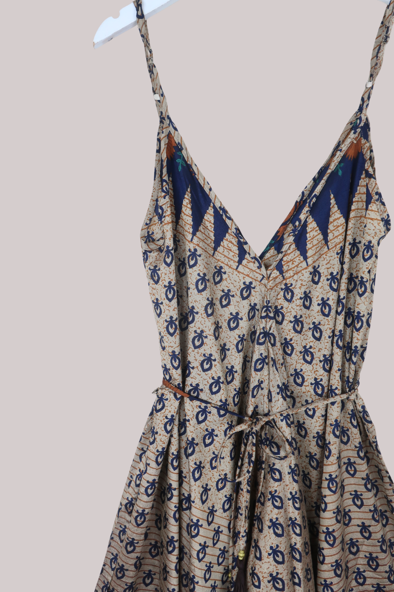 Winona Vintage Sari Jumpsuit in Taupe & Navy - Size L