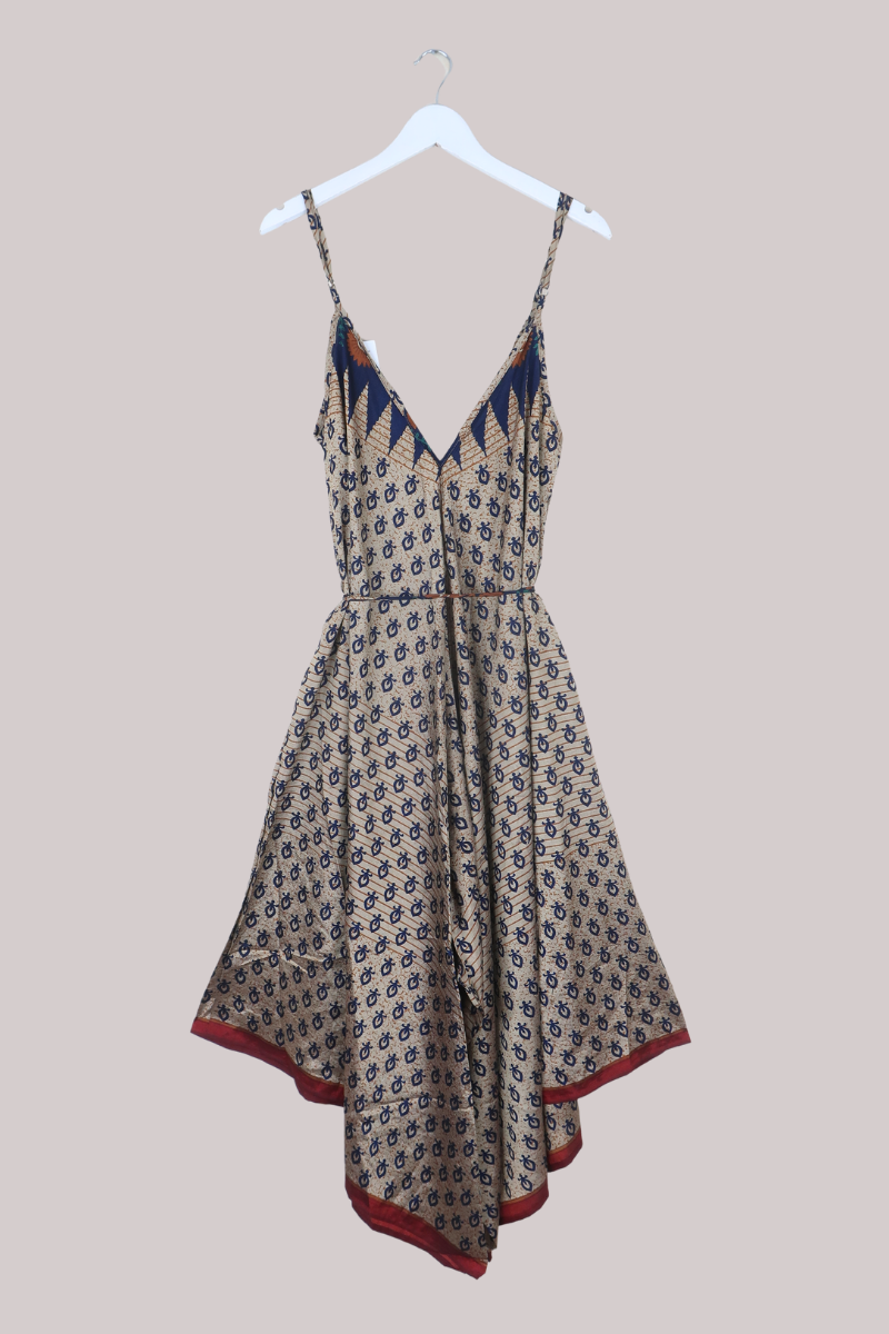 Winona Vintage Sari Jumpsuit in Taupe & Navy - Size L