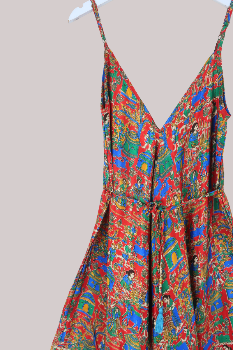 Winona Vintage Sari Jumpsuit in Vibrant Village Scene - Size M
