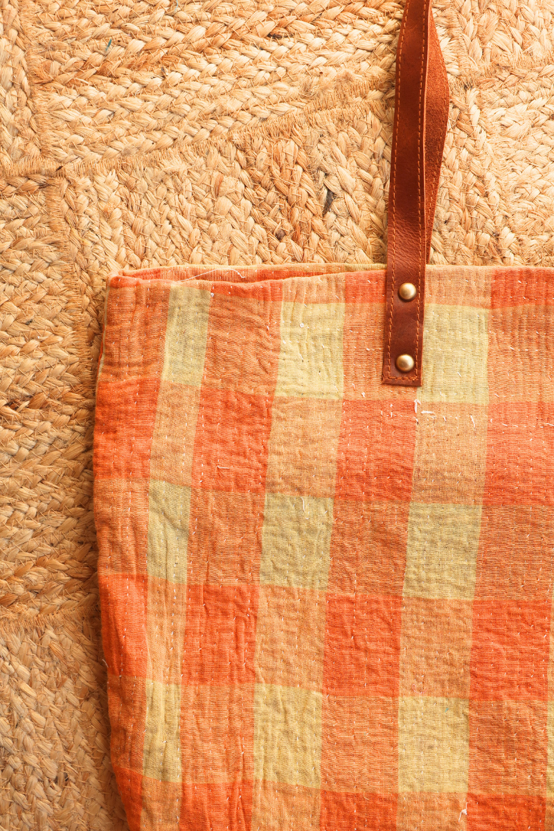 Vintage Kantha Large Shopper Bag in Orange Tan Check by All About Audrey