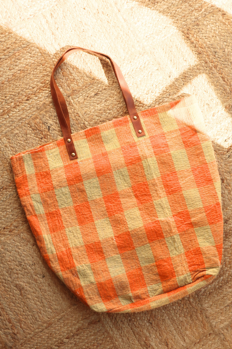 Vintage Kantha Large Shopper Bag in Orange Tan Check by All About Audrey