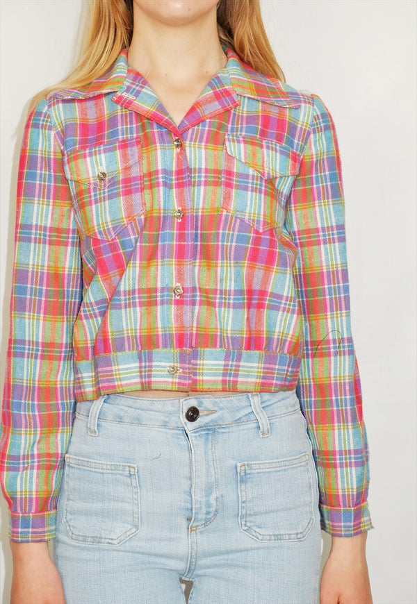 70's Vintage - Tartan Cropped Jacket - Pink & Blue - Size S/M