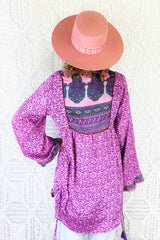 Jude Tunic Top - Vintage Indian Sari - Rosy Pink & Purple Flourish - S/M