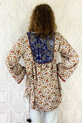 Jude Tunic Top - Vintage Indian Sari - Alabaster, Red & Navy Paisley - S/M