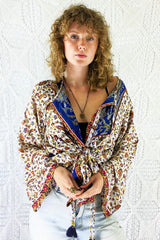 Jude Tunic Top - Vintage Indian Sari - Alabaster, Red & Navy Paisley - S/M