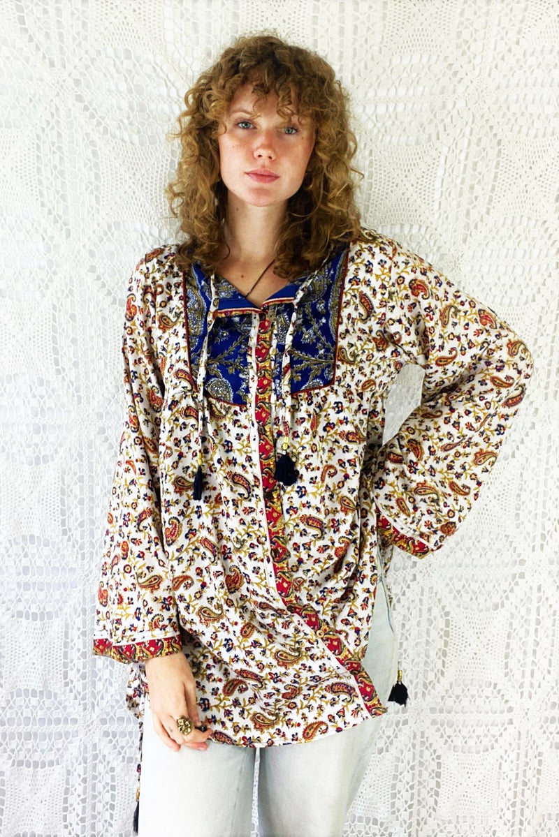 Jude Tunic Top - Vintage Indian Sari - Alabaster, Red & Navy Paisley - S/M