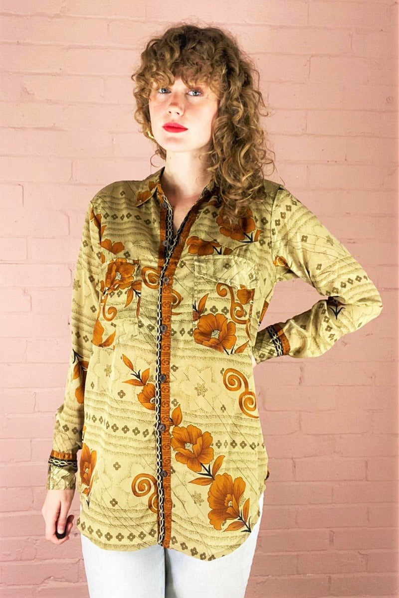 Clyde Shirt - Sand & Autumn Brown Desert Flower - Vintage Indian Sari - XS by All About Audrey