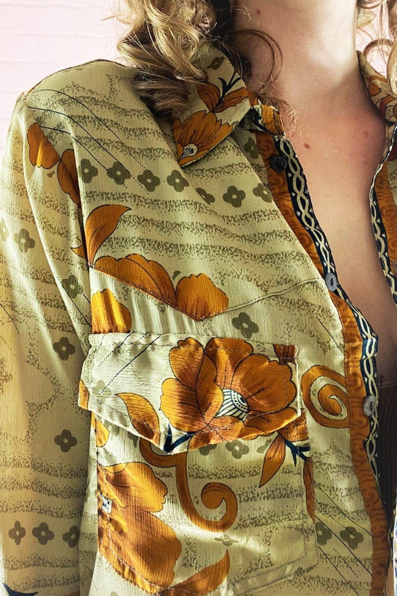 Clyde Shirt - Sand & Autumn Brown Desert Flower - Vintage Indian Sari - XS by All About Audrey