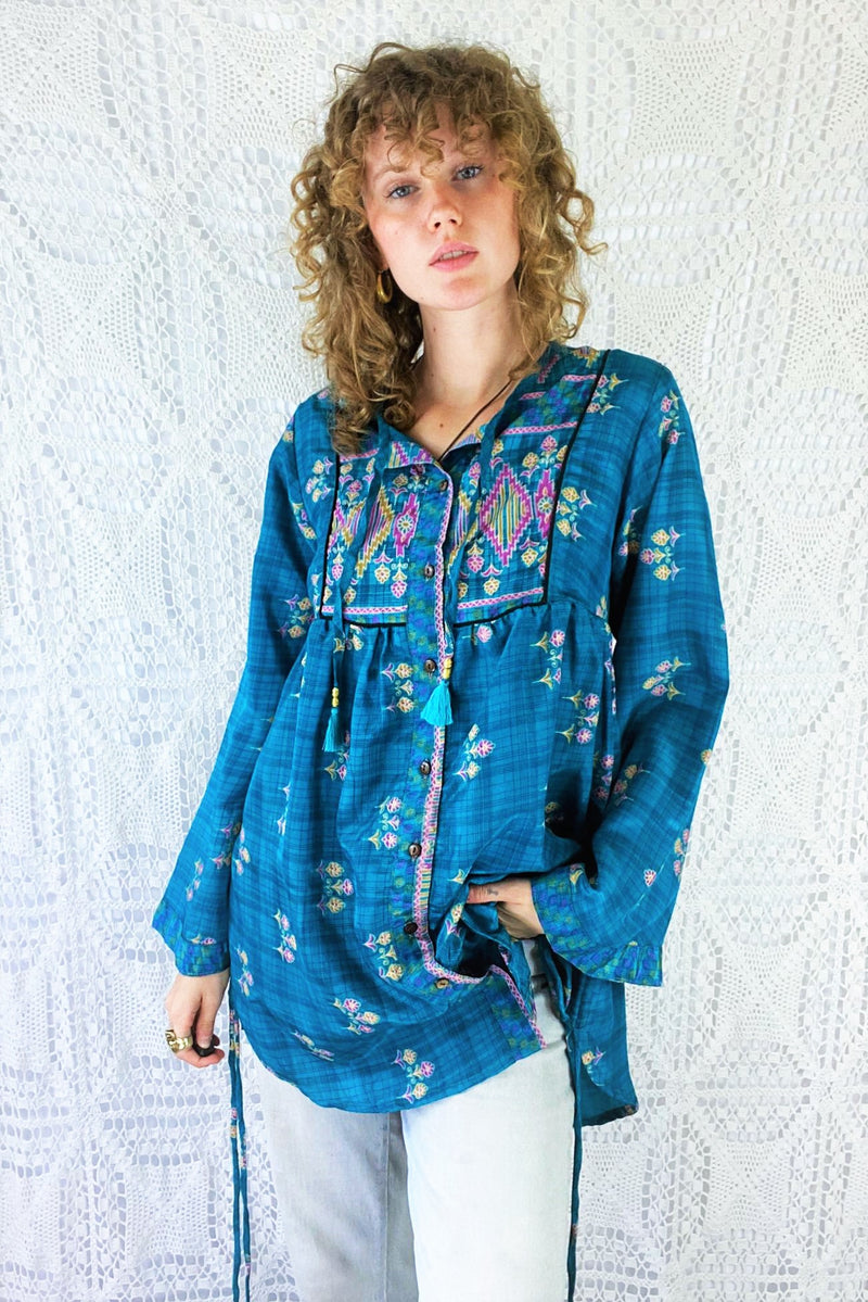 Jude Tunic Top - Vintage Indian Sari - Deep Turquoise Floral Shimmer - XS