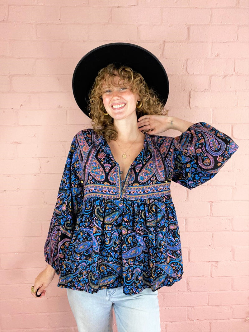 Florence Smock Top in Midnight Sapphire Paisley Floral