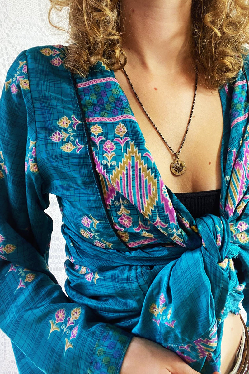 Jude Tunic Top - Vintage Indian Sari - Deep Turquoise Floral Shimmer - XS