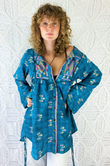 Jude Tunic Top - Vintage Indian Sari - Deep Turquoise Floral Shimmer - XS