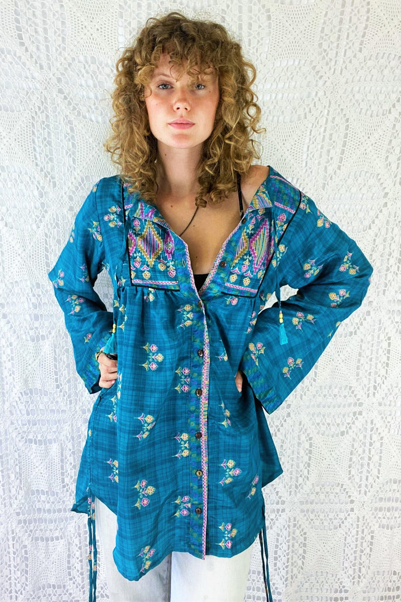 Jude Tunic Top - Vintage Indian Sari - Deep Turquoise Floral Shimmer - XS