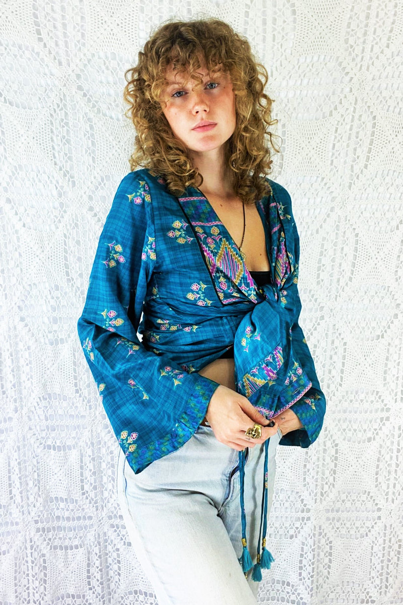 Jude Tunic Top - Vintage Indian Sari - Deep Turquoise Floral Shimmer - XS