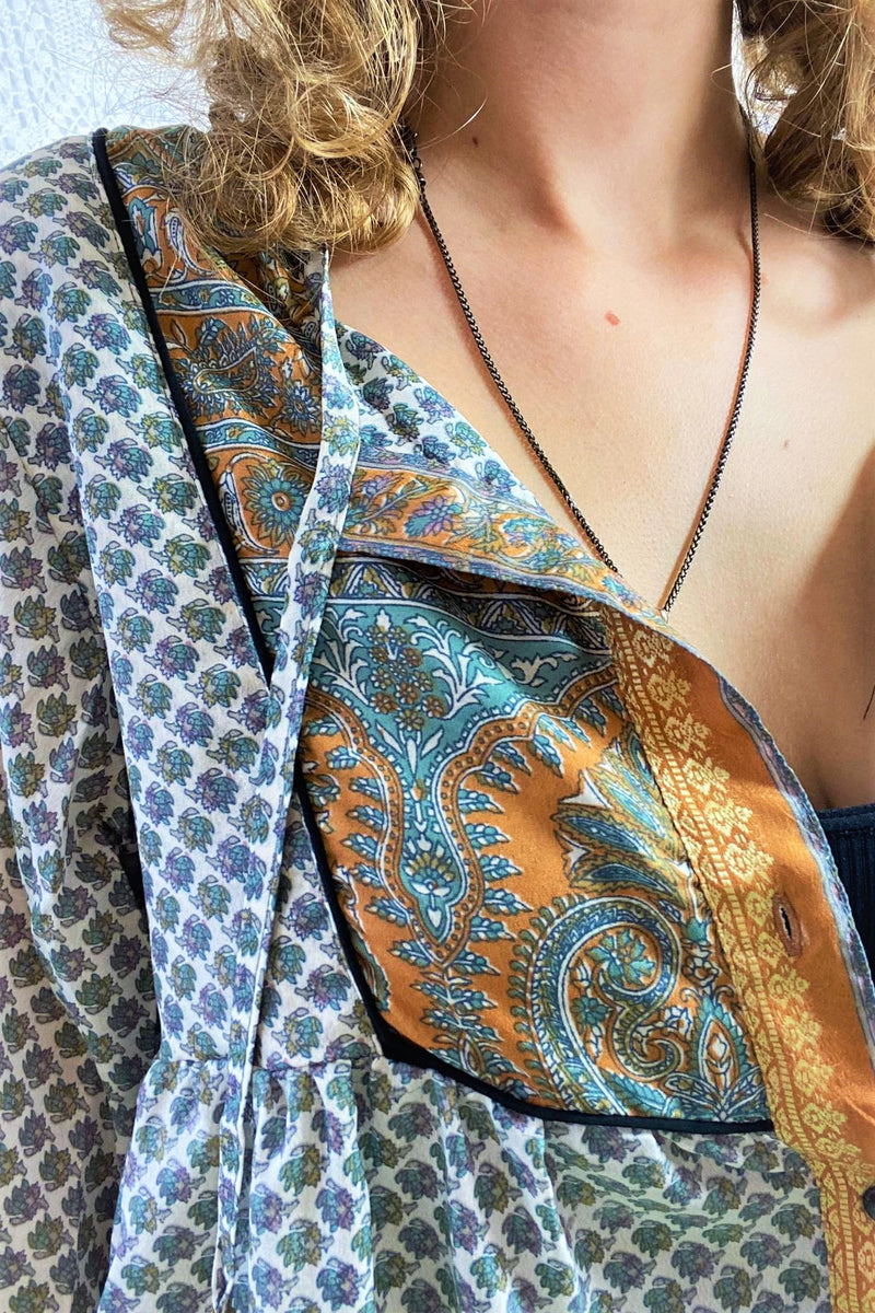 Jude Tunic Top - Vintage Indian Sari - Snow, Sage & Amber with Golden Embroidery - XS