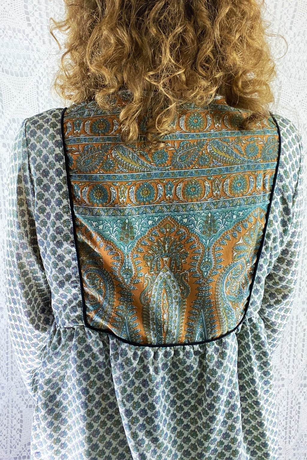 Jude Tunic Top - Vintage Indian Sari - Snow, Sage & Amber with Golden Embroidery - XS