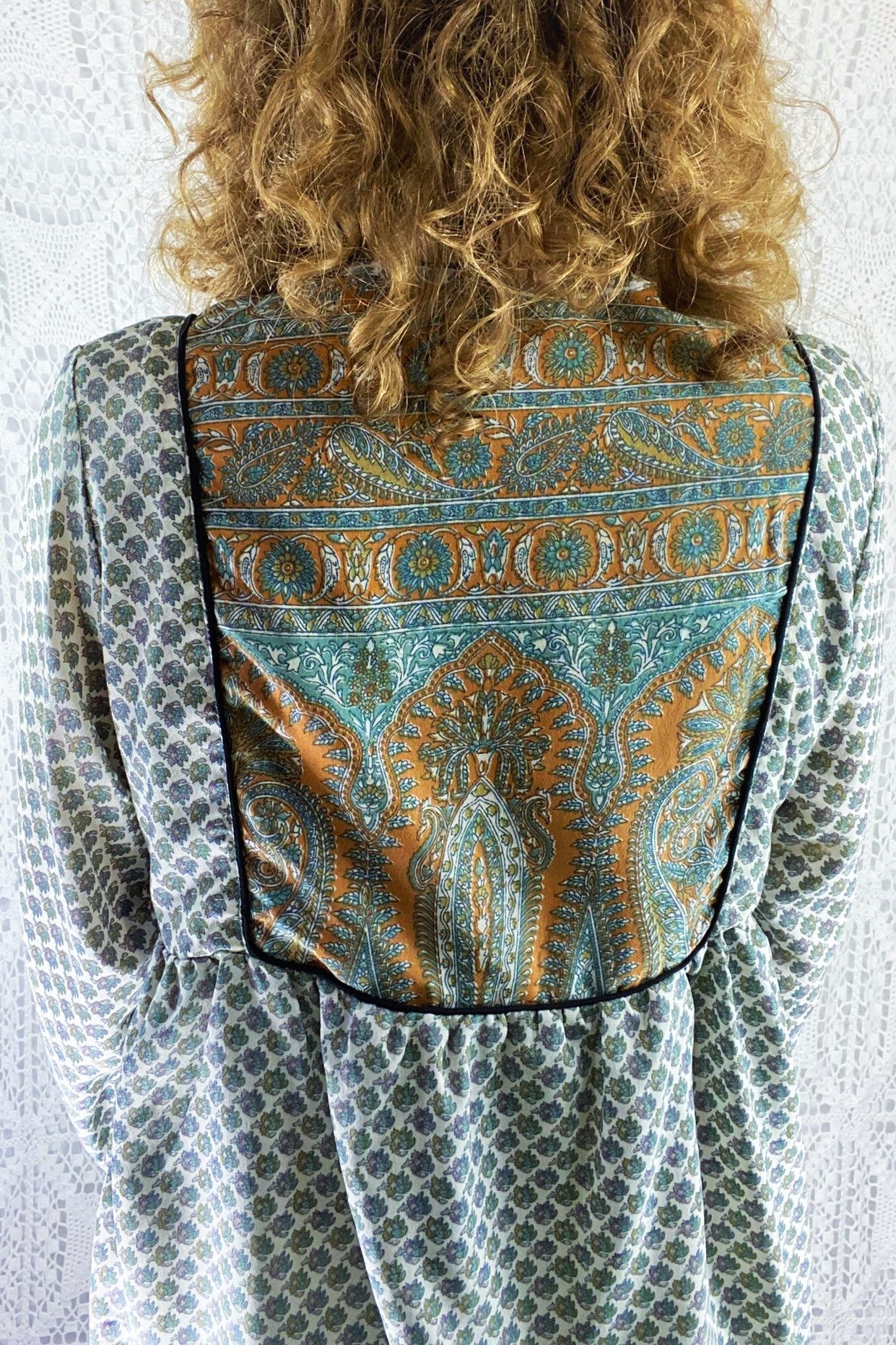 Jude Tunic Top - Vintage Indian Sari - Snow, Sage & Amber with Golden Embroidery - XS