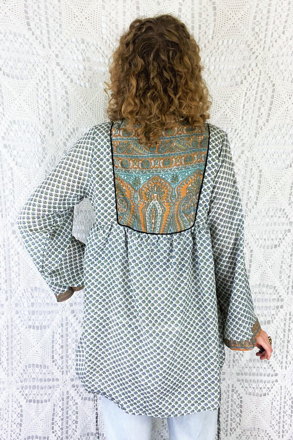 Jude Tunic Top - Vintage Indian Sari - Snow, Sage & Amber with Golden Embroidery - XS