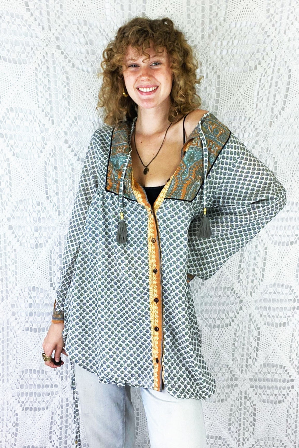 Jude Tunic Top - Vintage Indian Sari - Snow, Sage & Amber with Golden Embroidery - XS