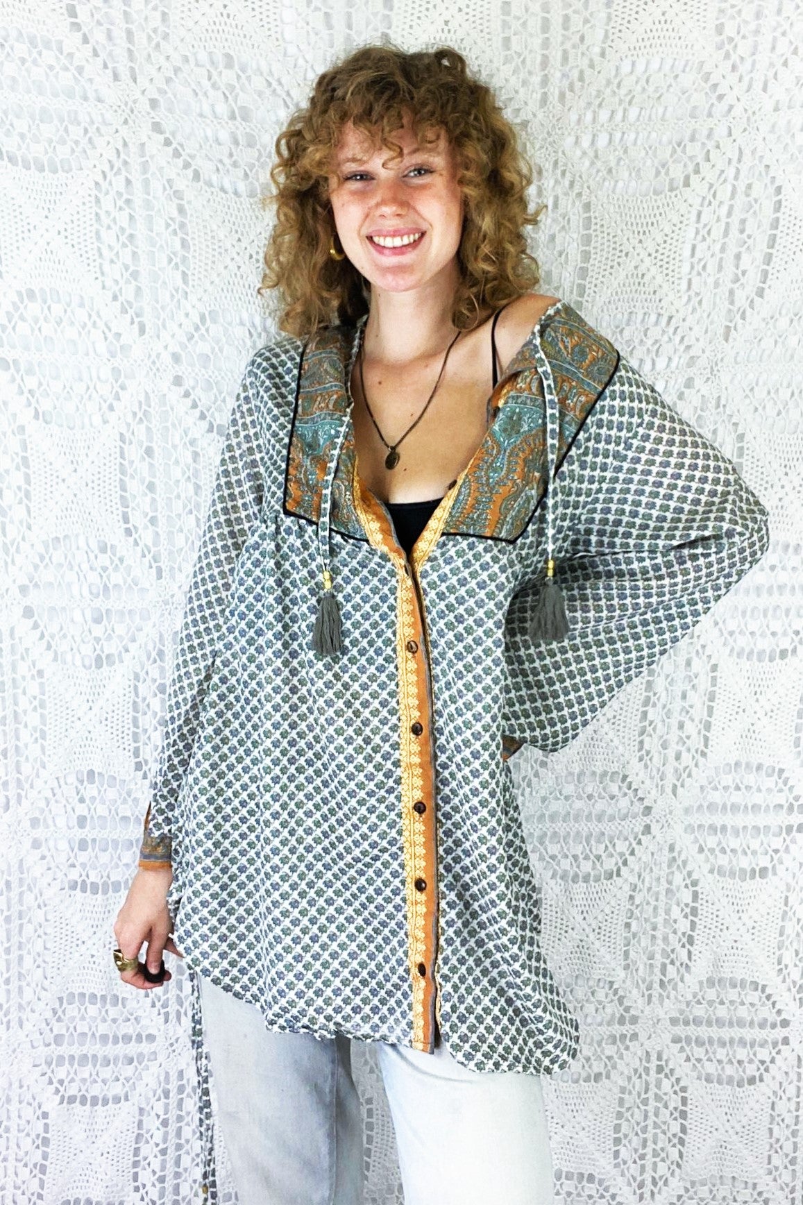 Jude Tunic Top - Vintage Indian Sari - Snow, Sage & Amber with Golden Embroidery - XS