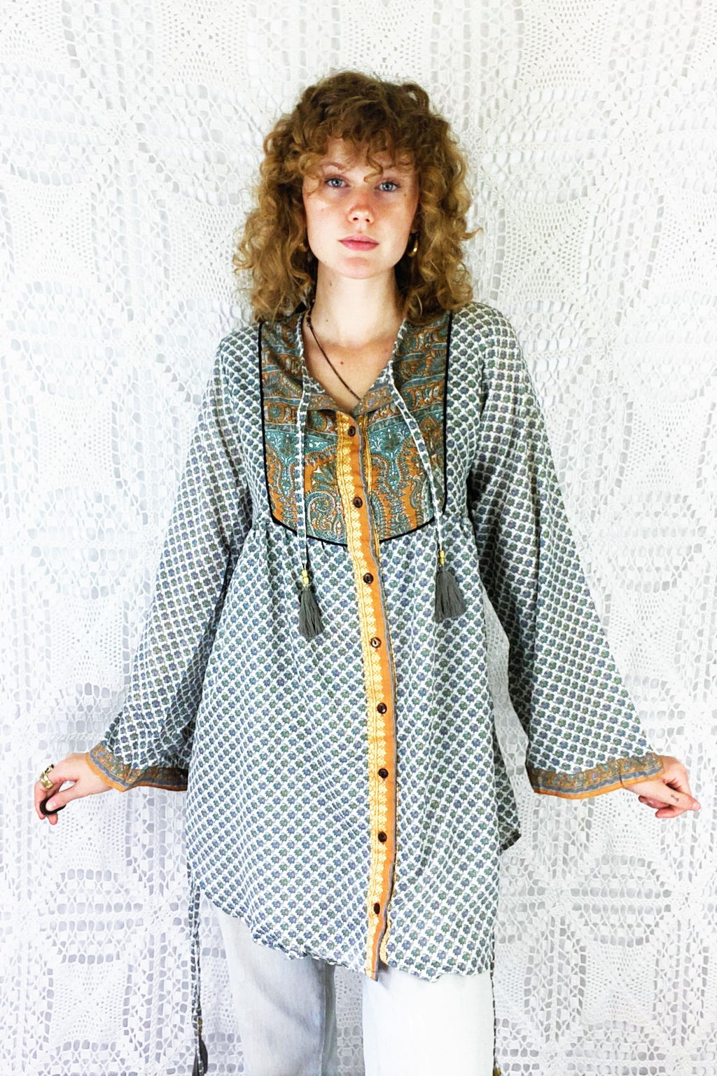 Jude Tunic Top - Vintage Indian Sari - Snow, Sage & Amber with Golden Embroidery - XS