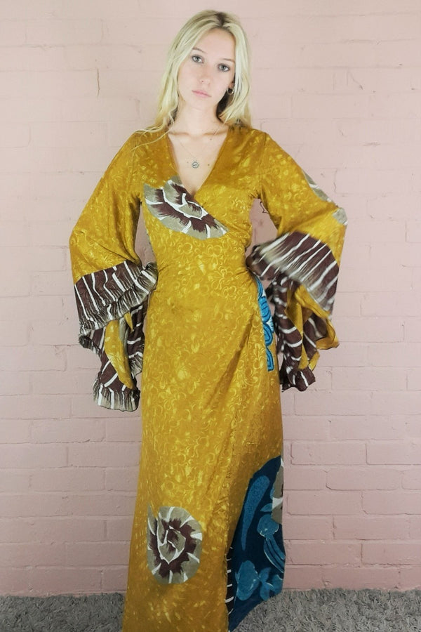 Venus Maxi Wrap Dress - Vintage Sari - Chartreuse with Ammonite Motif - XS all about audrey