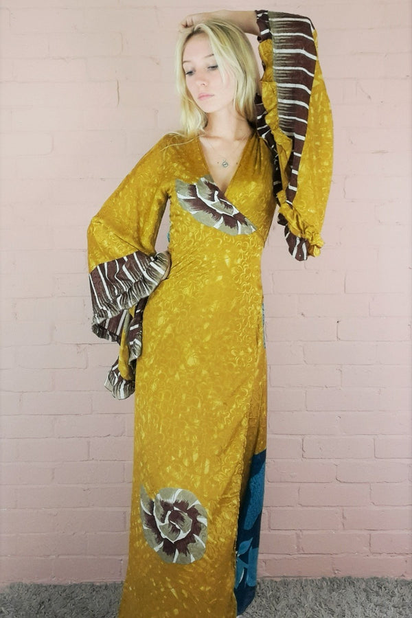 Venus Maxi Wrap Dress - Vintage Sari - Chartreuse with Ammonite Motif - XS all about audrey