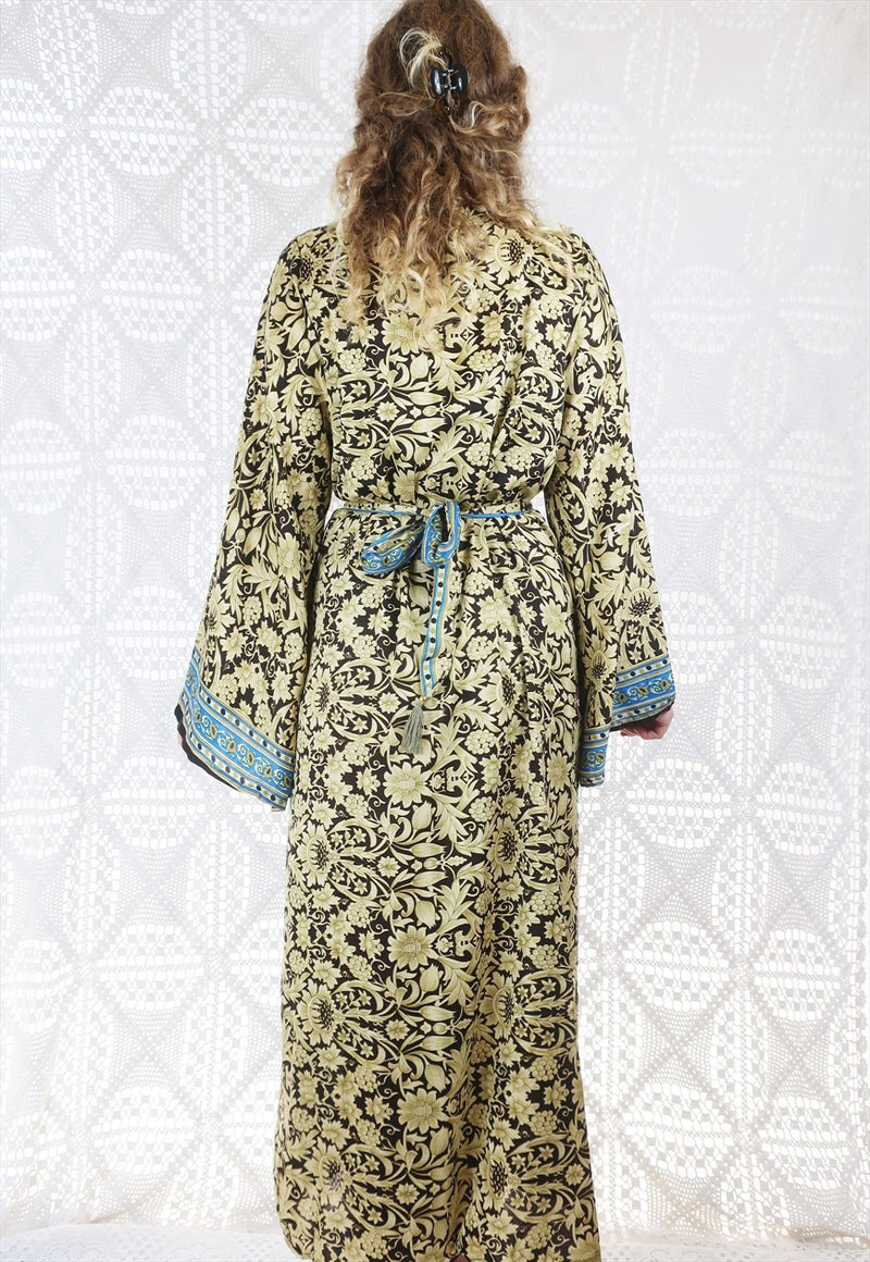 SALE Kahlo Kimono - Cocoa, Cobalt & Tan Sari - Free Size S/M