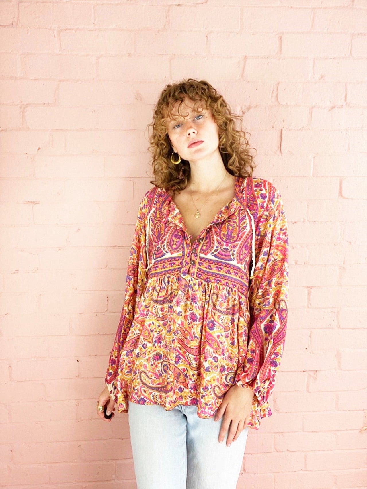 Florence Smock Top in Ivory & Violet Rose Paisley Floral