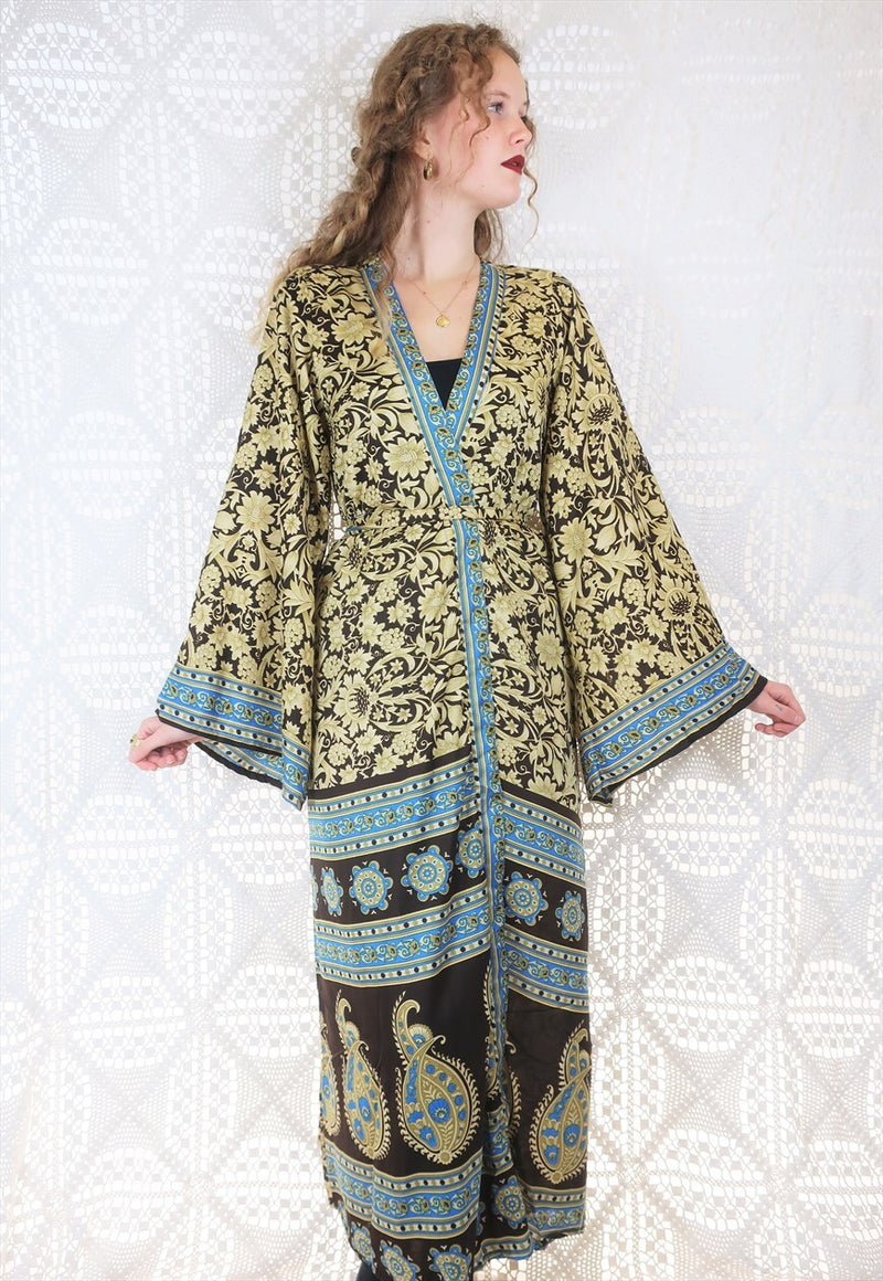 SALE Kahlo Kimono - Cocoa, Cobalt & Tan Sari - Free Size S/M