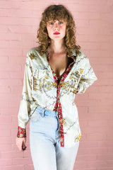 Clyde Shirt - Ivory, Ruby & Amber Blossom - Vintage Indian Sari - XS by All About Audrey