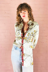 Clyde Shirt - Ivory, Ruby & Amber Blossom - Vintage Indian Sari - XS by All About Audrey