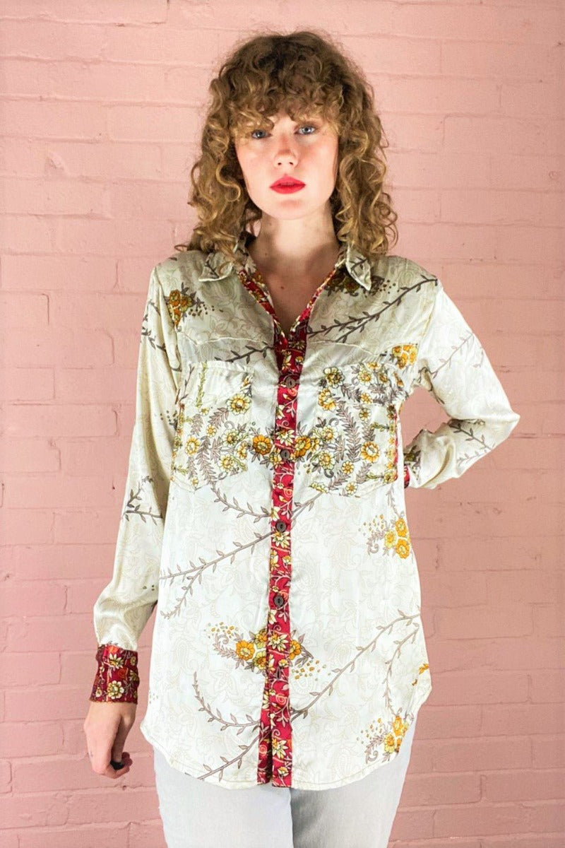 Clyde Shirt - Ivory, Ruby & Amber Blossom - Vintage Indian Sari - XS by All About Audrey