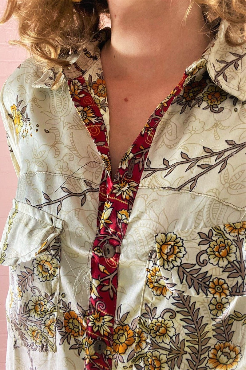 Clyde Shirt - Ivory, Ruby & Amber Blossom - Vintage Indian Sari - XS by All About Audrey