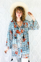 Jude Tunic Top - Vintage Indian Sari - Silvery Blue with Rust Red Florals - S/M