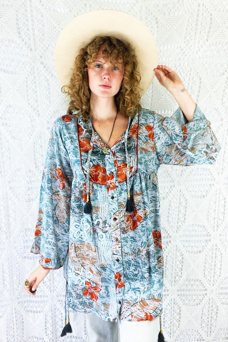 Jude Tunic Top - Vintage Indian Sari - Silvery Blue with Rust Red Florals - S/M