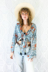 Jude Tunic Top - Vintage Indian Sari - Silvery Blue with Rust Red Florals - S/M