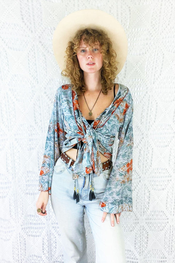Jude Tunic Top - Vintage Indian Sari - Silvery Blue with Rust Red Florals - S/M
