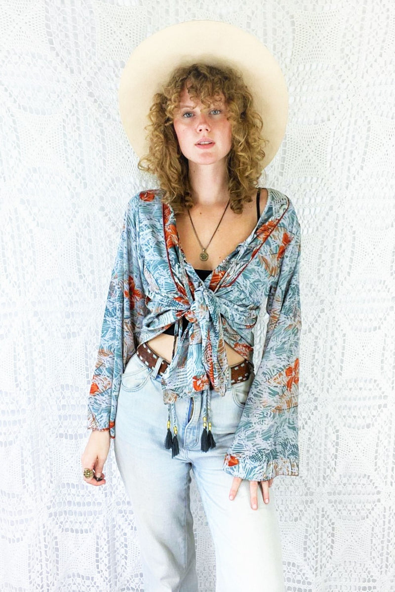Jude Tunic Top - Vintage Indian Sari - Silvery Blue with Rust Red Florals - S/M