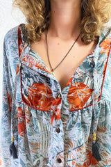 Jude Tunic Top - Vintage Indian Sari - Silvery Blue with Rust Red Florals - S/M