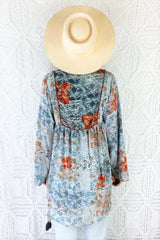 Jude Tunic Top - Vintage Indian Sari - Silvery Blue with Rust Red Florals - S/M